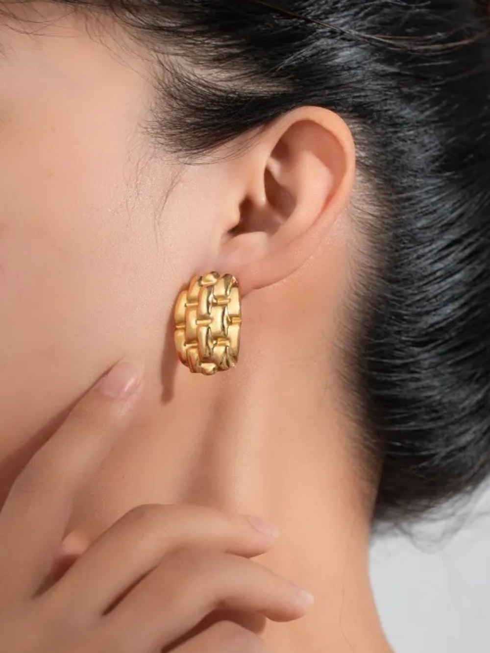 Gold Textured Hoop Stud Earrings.